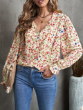 Floral Frill Trim V-Neck Flounce Sleeve Blouse