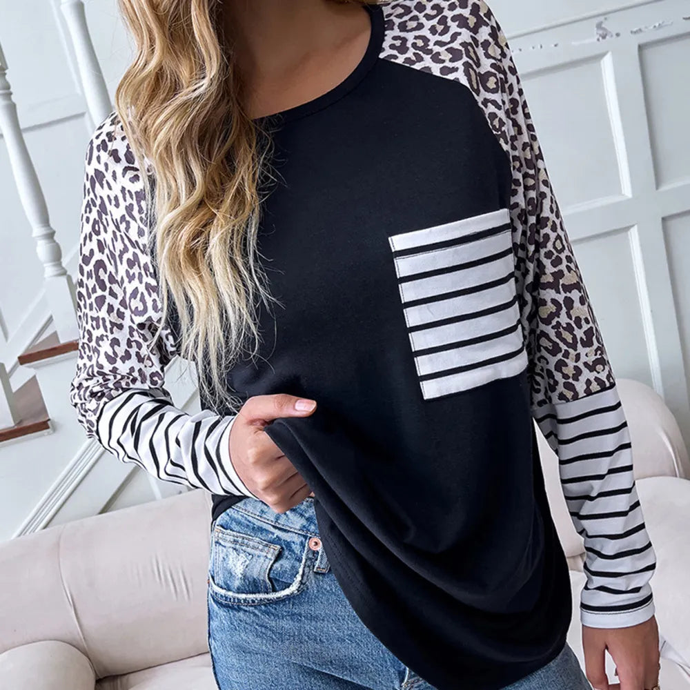 Leopard and Striped Panel Raglan Tee