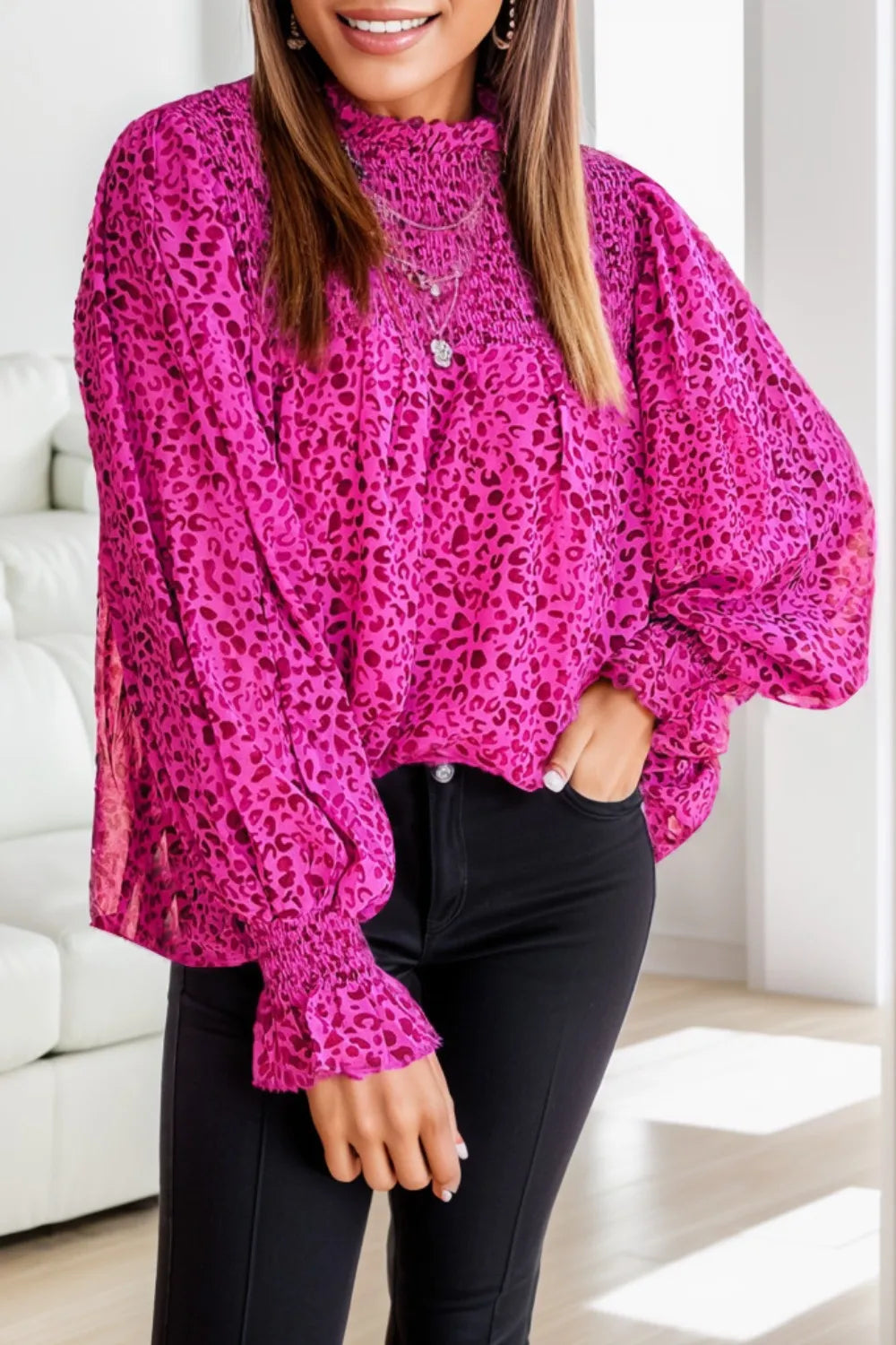 Leopard Mock Neck Long Sleeve Blouse