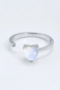 Inlaid Moonstone Heart Adjustable Open Ring