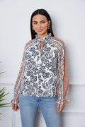 Tassel Tie Neck Printed Smocked Long Sleeve Blouse