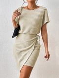 Ribbed Boat Neck Short Sleeve Dress