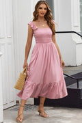 Smocked Square Neck Midi Dress