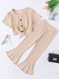 Girls Ribbed Buttoned Top and Flare Pants Set