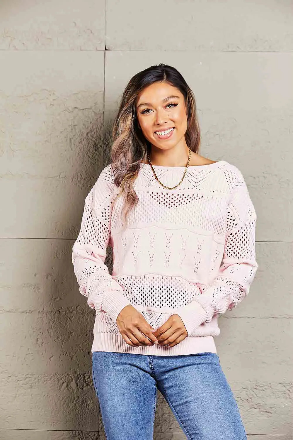 Openwork Boat Neck Pullover Sweater