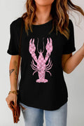 Checkered Lobster Graphic Round Neck Short Sleeve T-Shirt