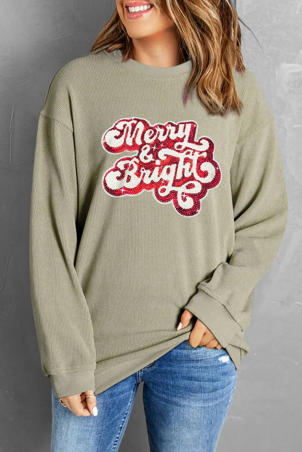 Round Neck Sequin Letter Spelling Graphic Long Sleeve Sweatshirt