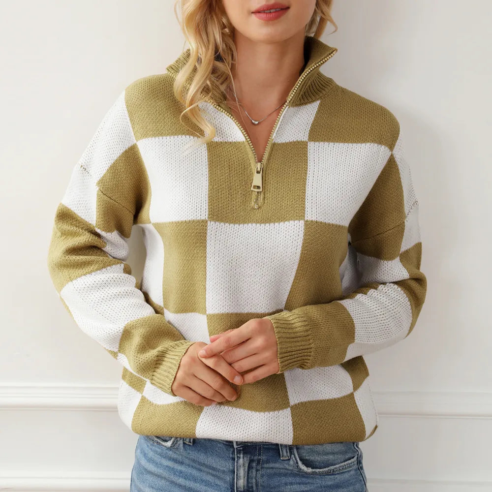 Checkered Half Zip Long Sleeve Sweater
