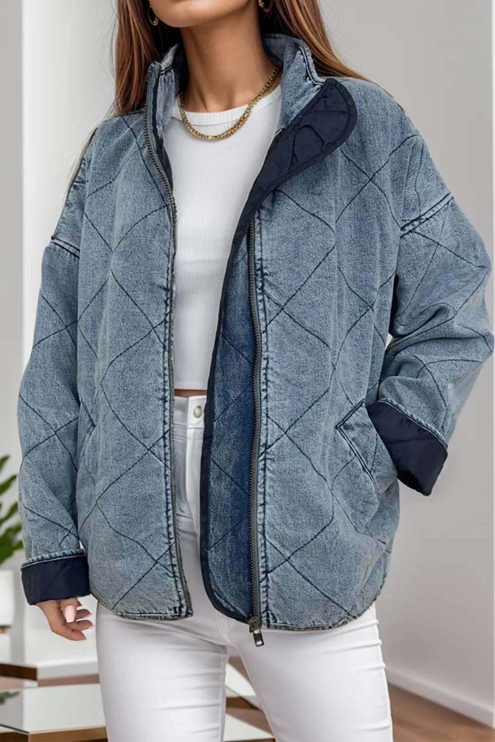 Pocketed Zip Up Dropped Shoulder Denim Jacket