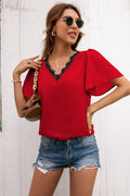 Eyelash Lace Trim V-Neck Top