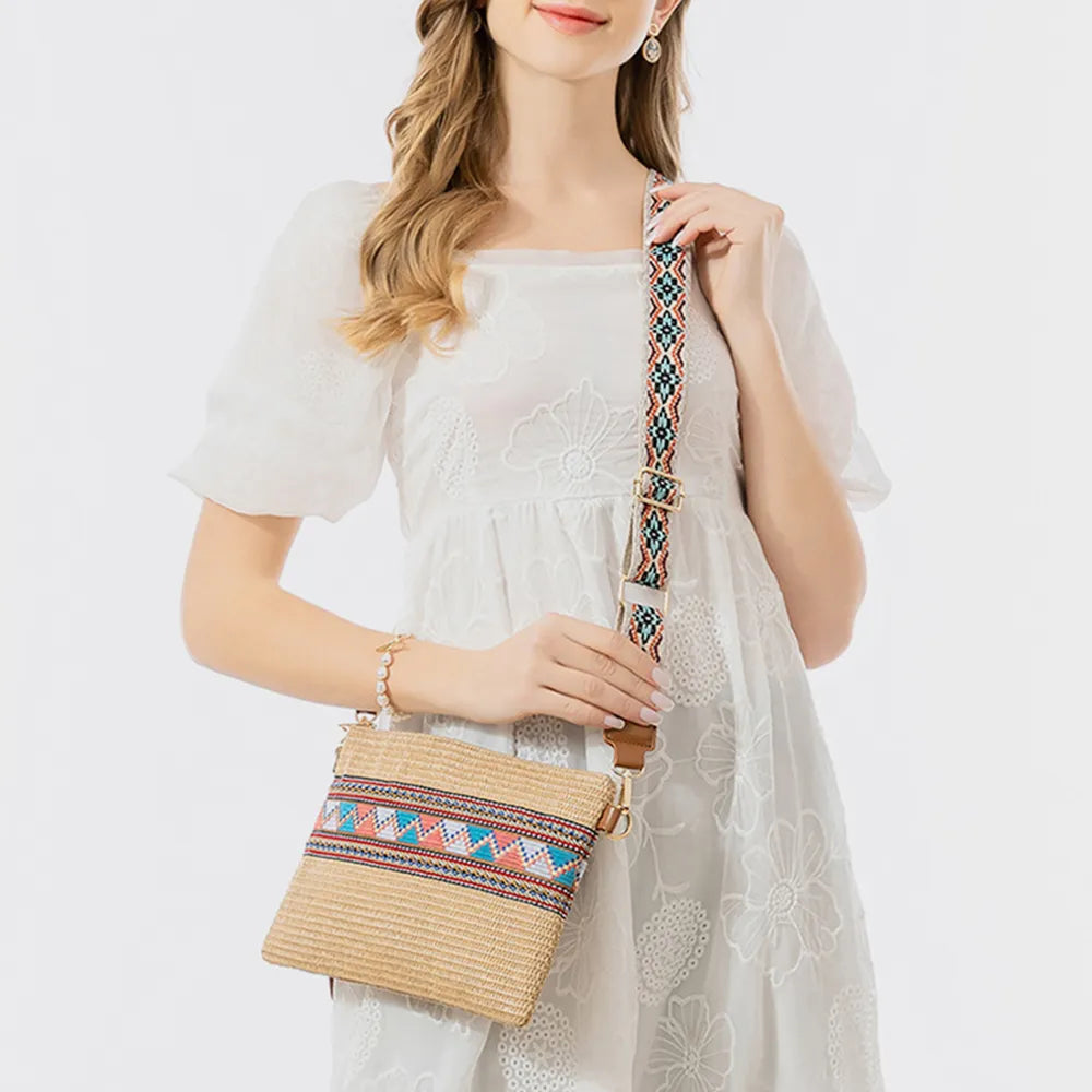 Geometric Straw Weave Crossbody Bag