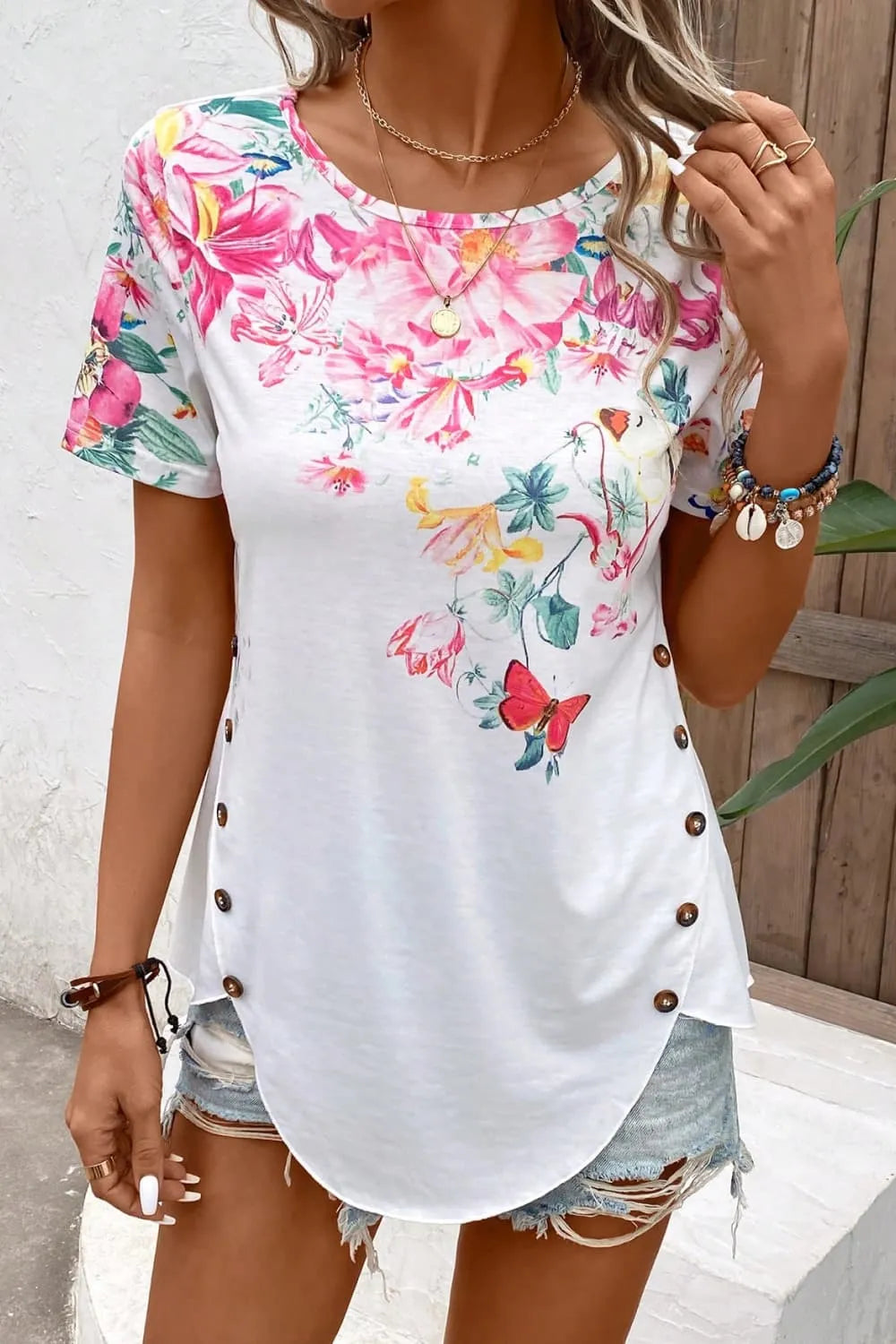 Floral Round Neck Buttoned Hem Detail Top