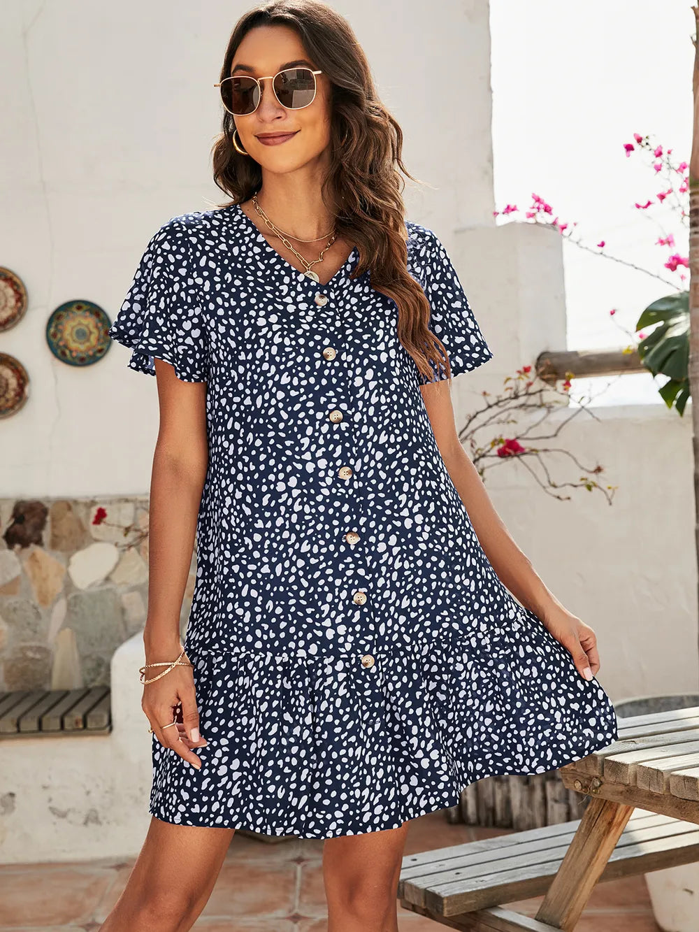 Animal Print Button Front Flutter Sleeve Dress