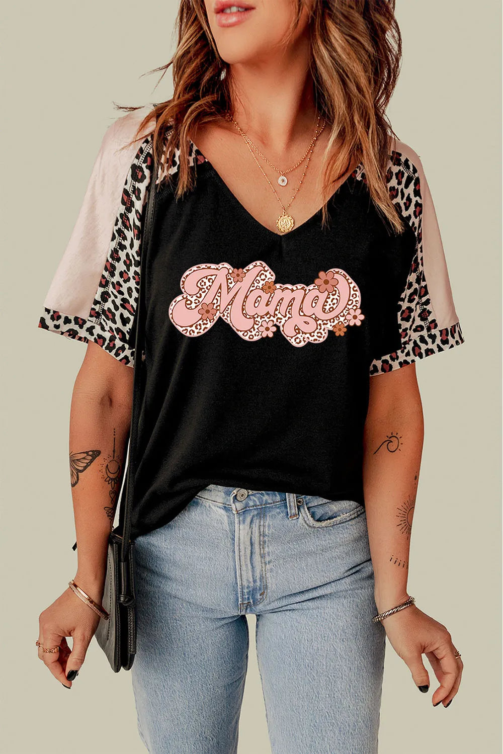 MAMA Graphic Leopard V-Neck Tee Shirt
