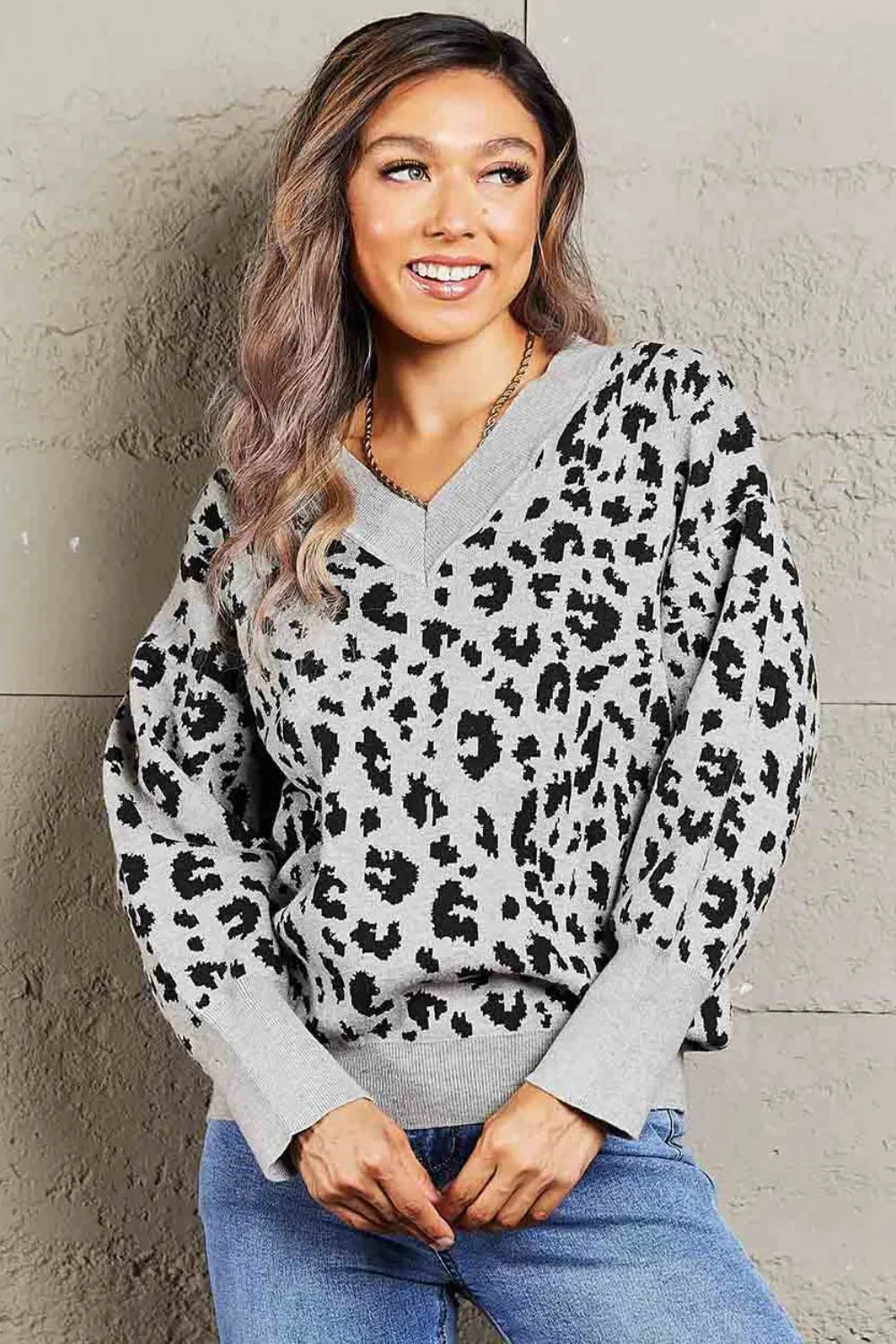 Leopard V-Neck Dropped Shoulder Top