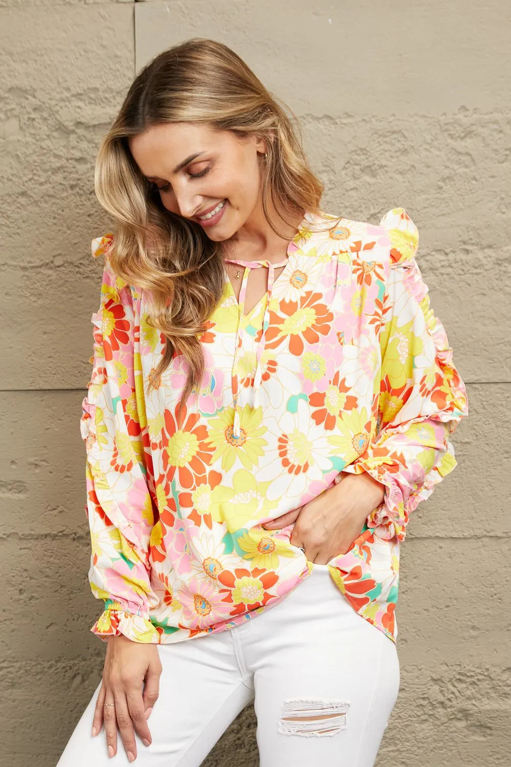 Floral Tie Neck Ruffled Blouse