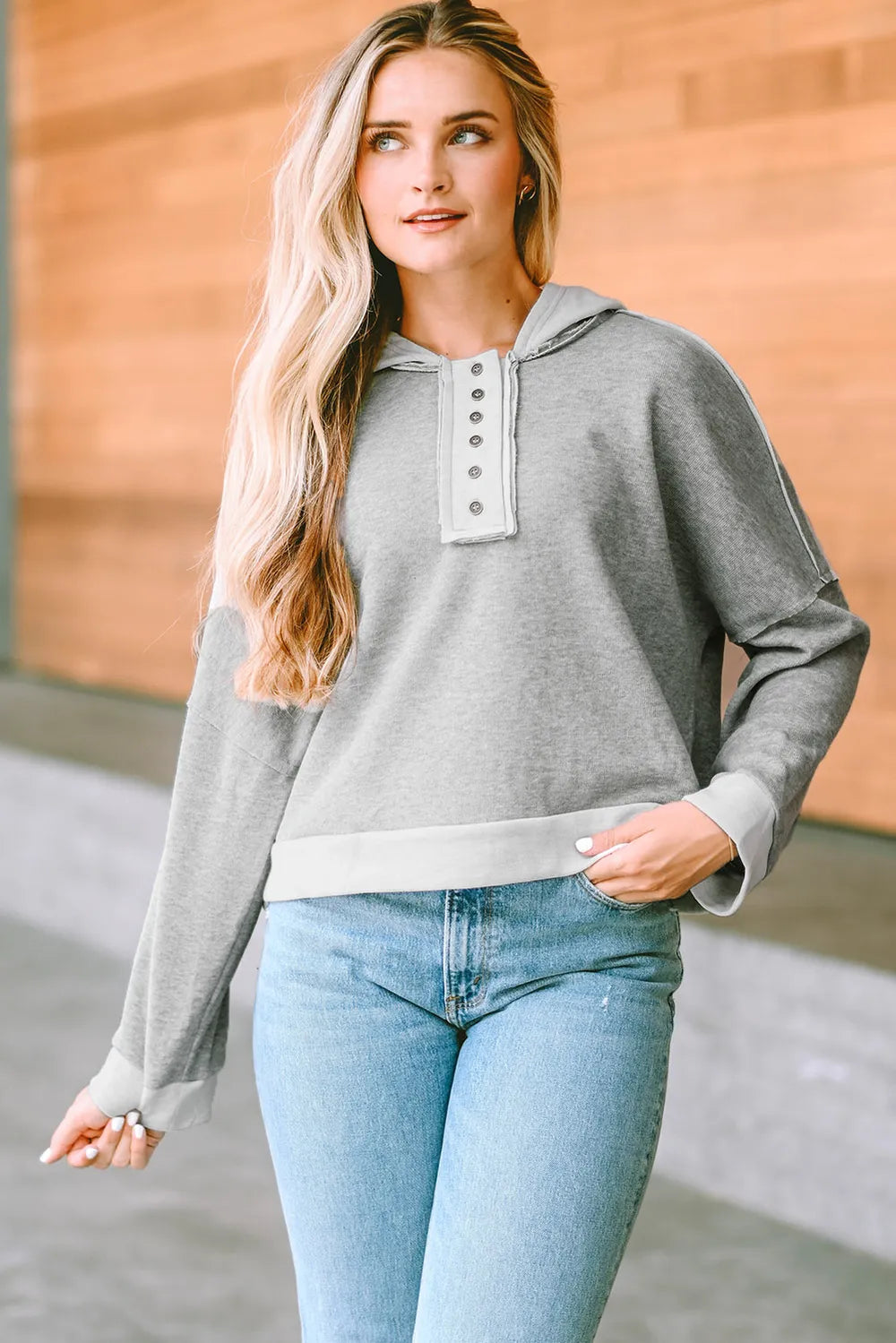 Quarter-Button Exposed Seam Dropped Shoulder Hoodie