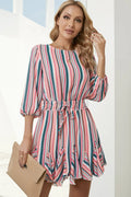 Striped Drawstring Waist Three-Quarter Sleeve Mini Dress