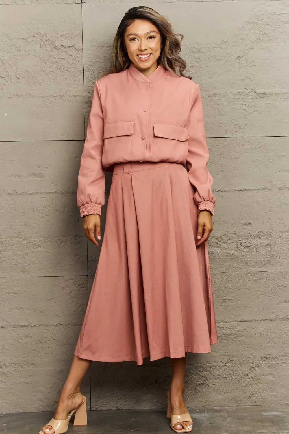 Long Sleeve Jacket and Midi Skirt Set