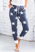 Blue High Waist Drawstring Pockets Stars Print Joggers