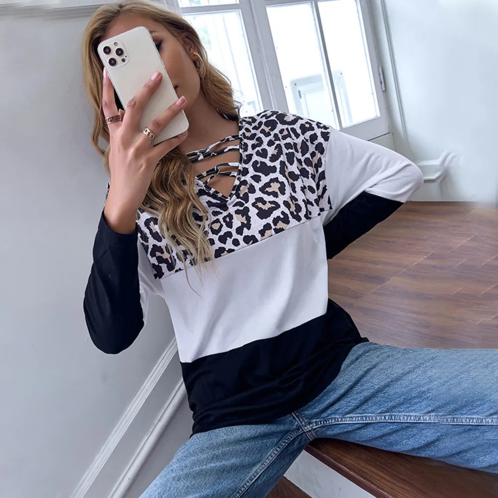 Contrast Leopard Color Block Lace Up Top