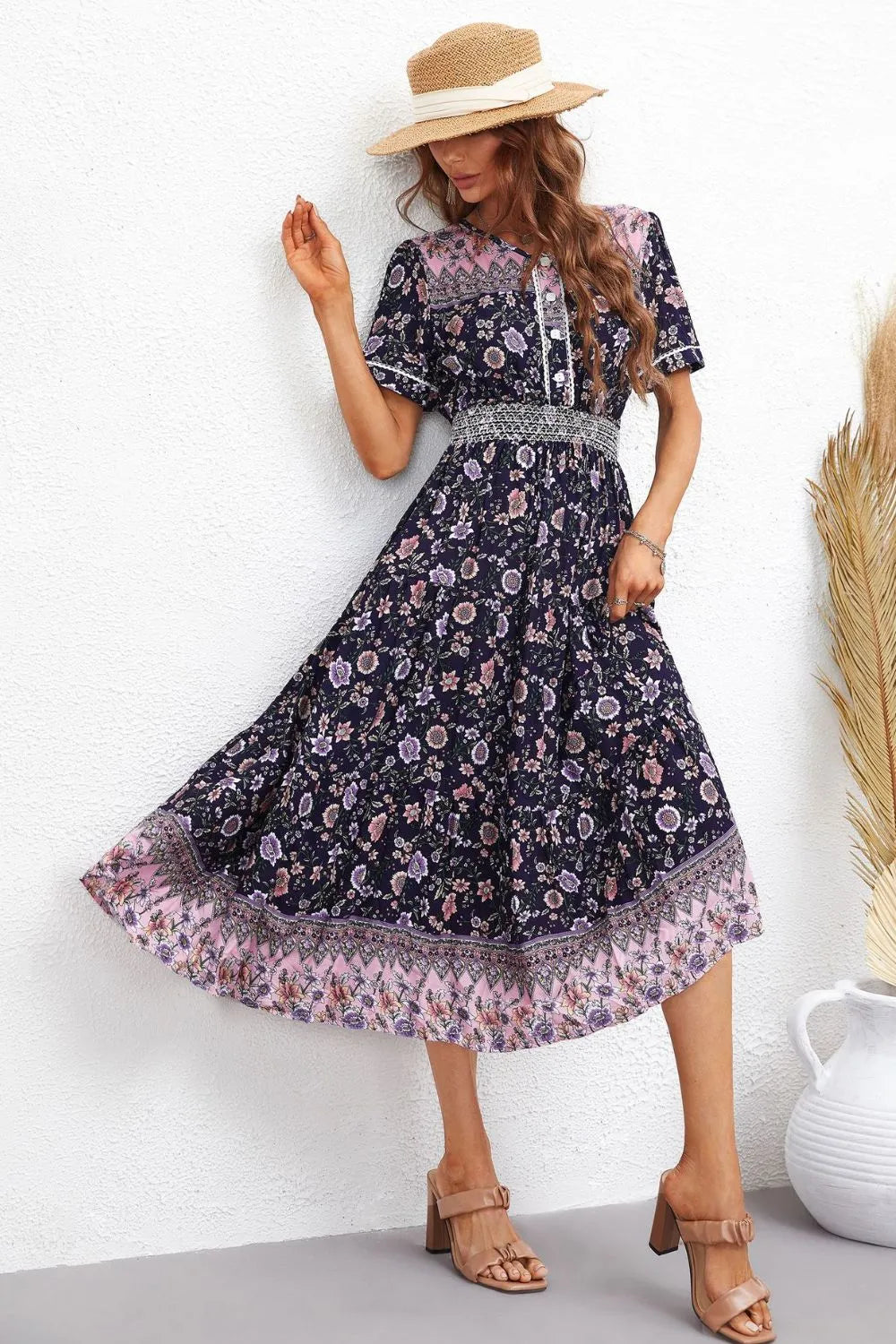 Bohemian V-Neck Short Sleeve Midi Dress