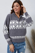 Zip-Up Geometrical Pattern Pullover Sweater