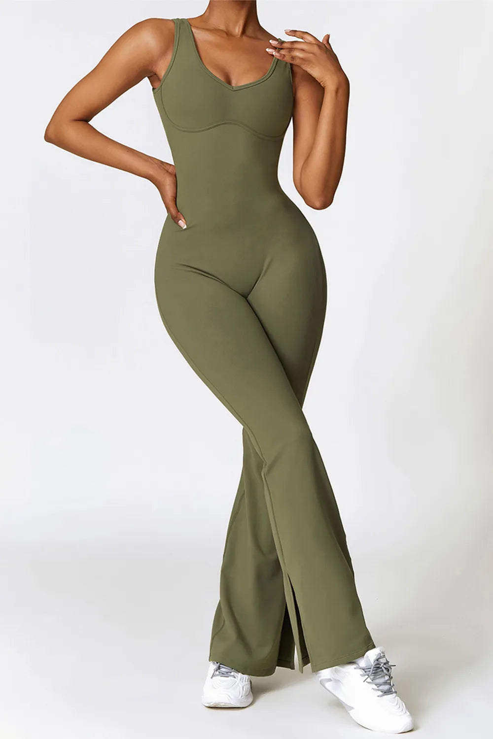 Basic Sleeveless Bootcut Slit Active Jumpsuit