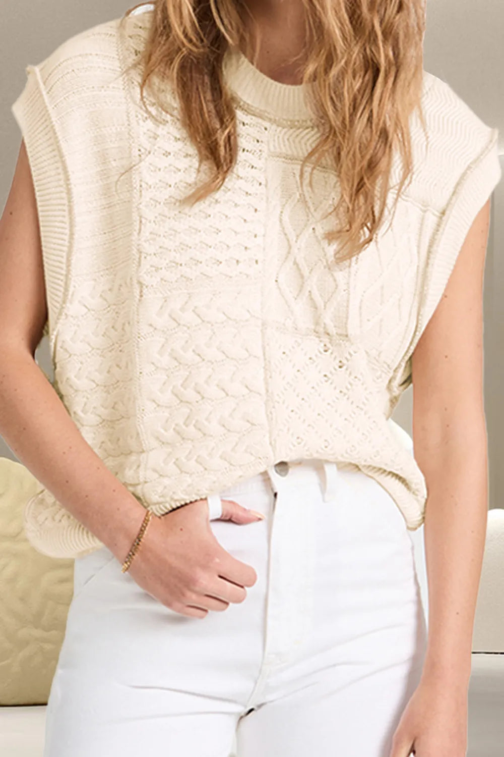 Cable-Knit Round Neck Sweater Vest