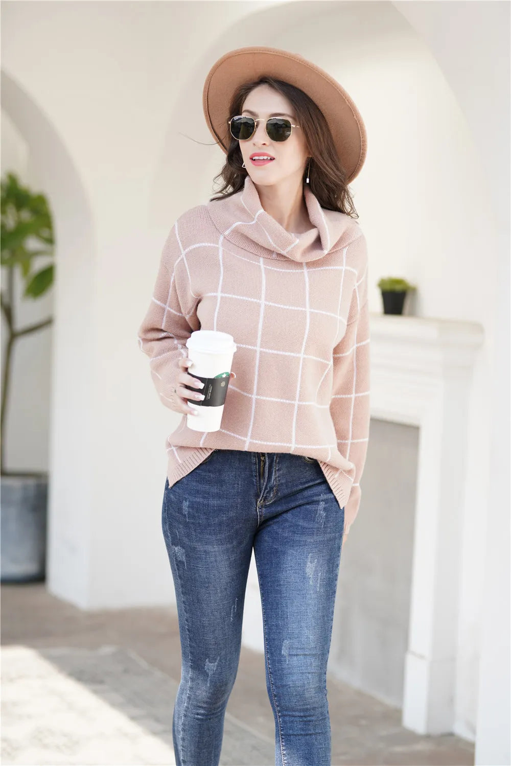 Plaid Side Slit Funnel Neck Sweater