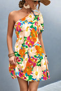 Floral One-Shoulder Puff Sleeve Dress