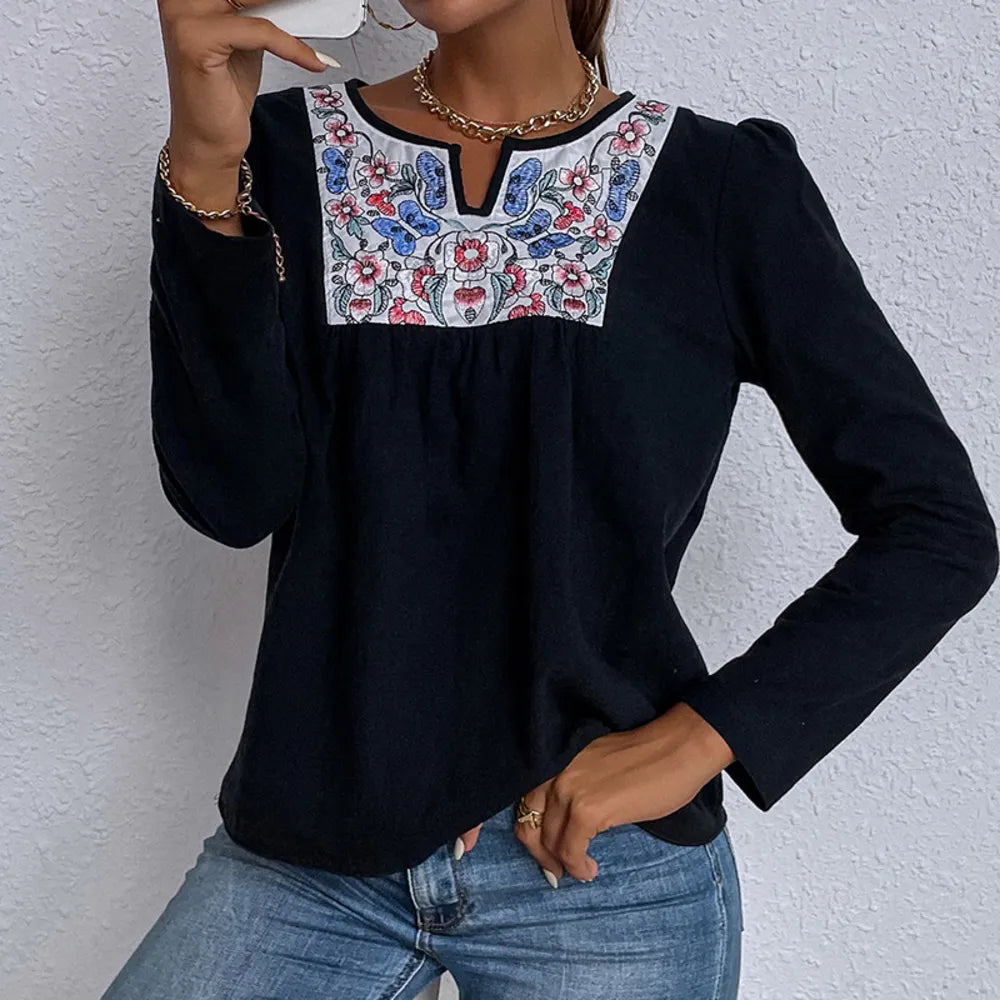 Notch Neck Embroidery Yoke Top