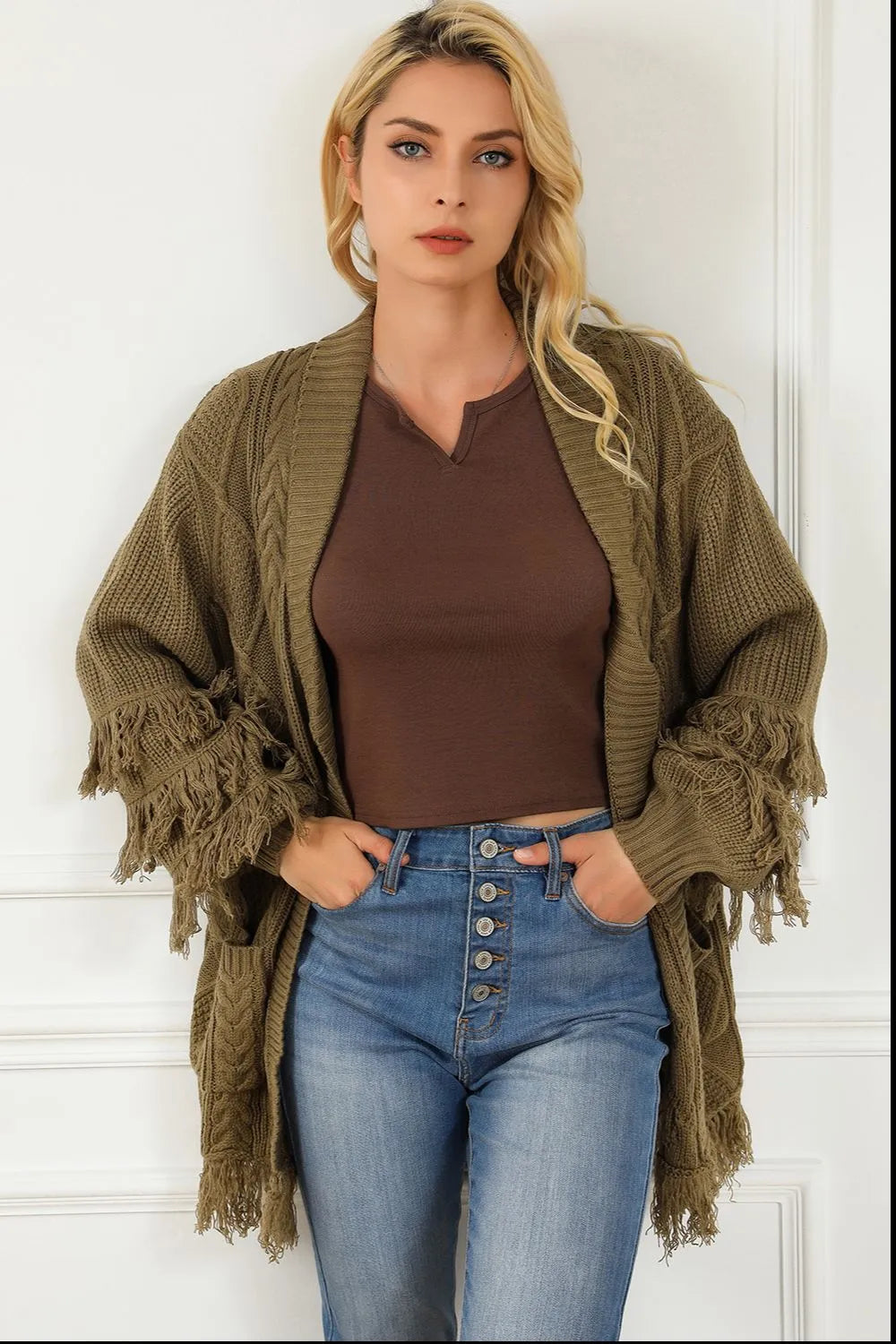 Cable-Knit Fringe Pocketed Cardigan