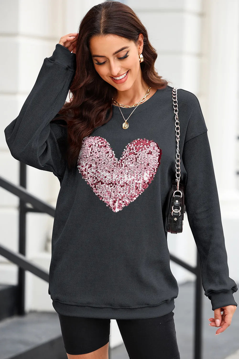 Heart Sequin Round Neck Sweatshirt