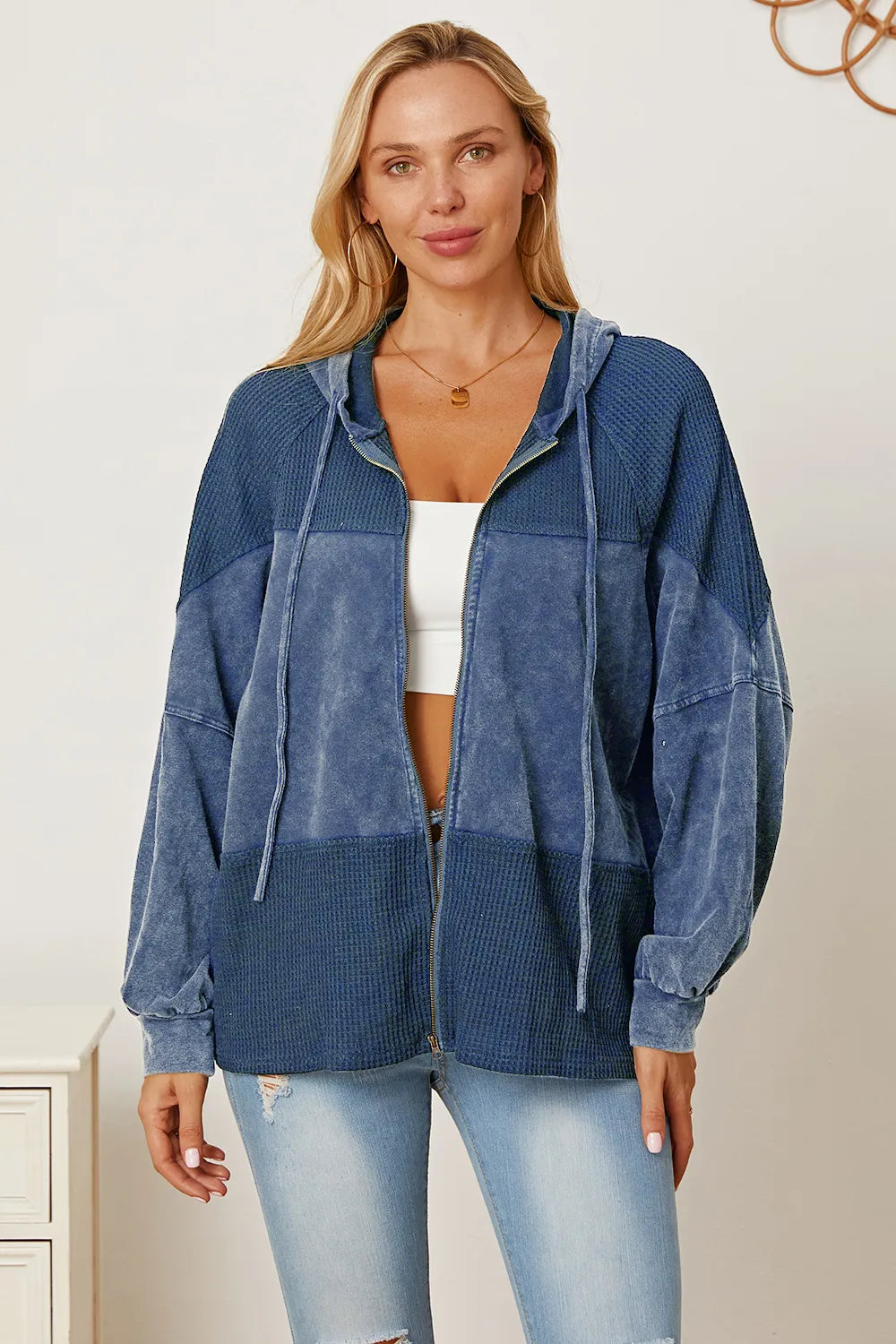 Waffle-Knit Drawstring Hooded Outerwear