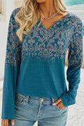 Printed Notched Long Sleeve T-Shirt