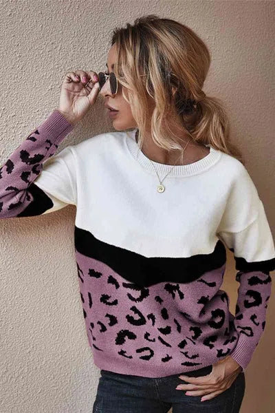 Leopard Print Color Block Sweater
