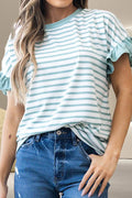 Ruffled Striped Round Neck Cap Sleeve T-Shirt