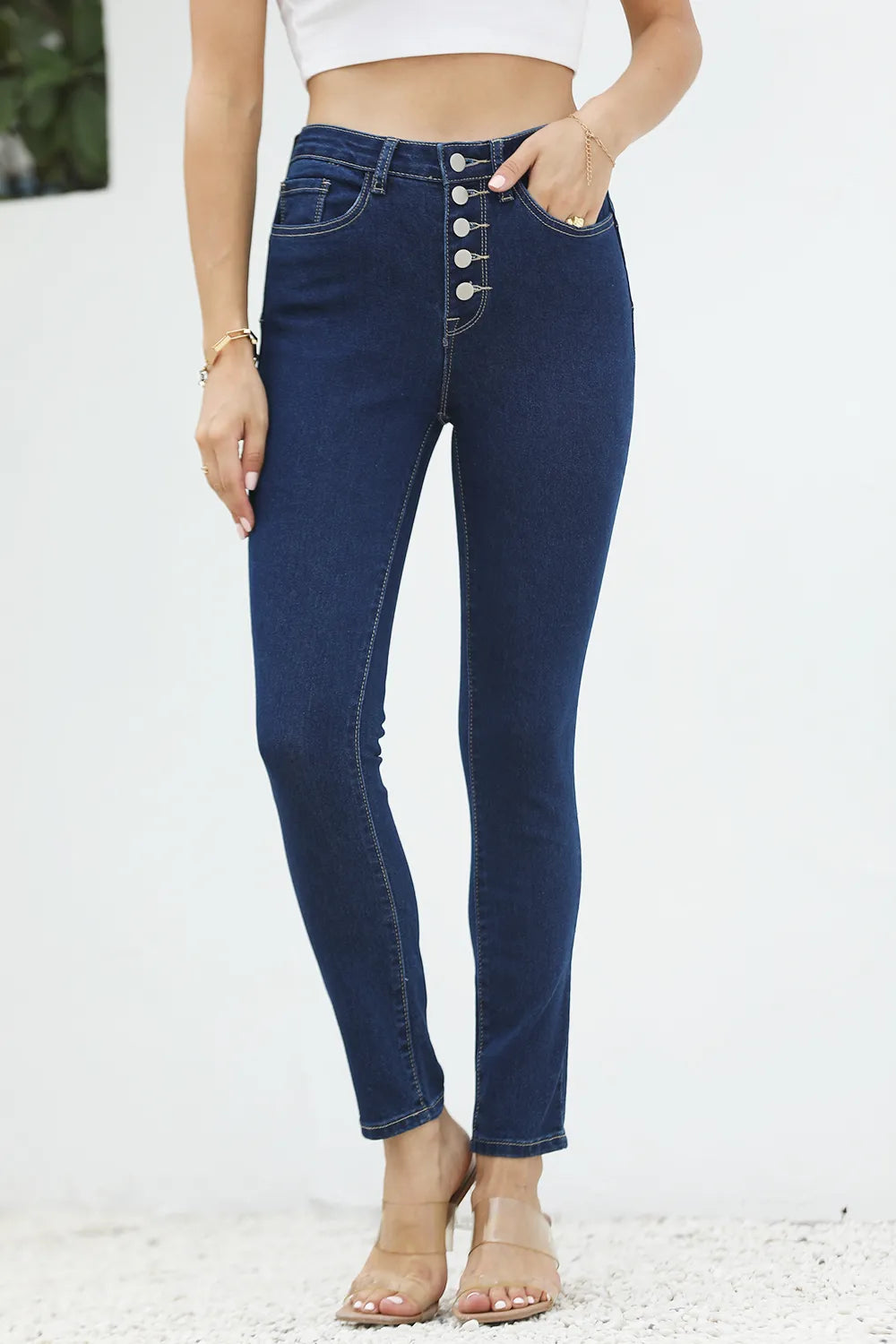 High Waist Button-Fly Slim Jeans