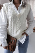 Cable-Knit Ribbed Trim V-Neck Sweater Vest