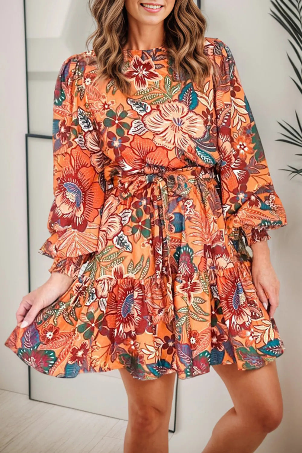 Tropical Print Tie Waist Lantern Sleeve Mini Dress
