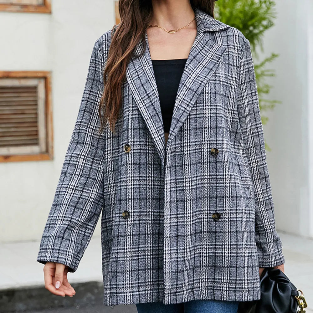 Plaid Print Lapel Collar Double Breasted Blazer