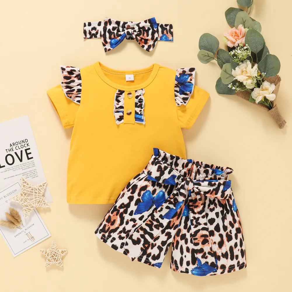 Baby Girl Ruffle Shoulder Tee and Leopard Butterfly Shorts Set