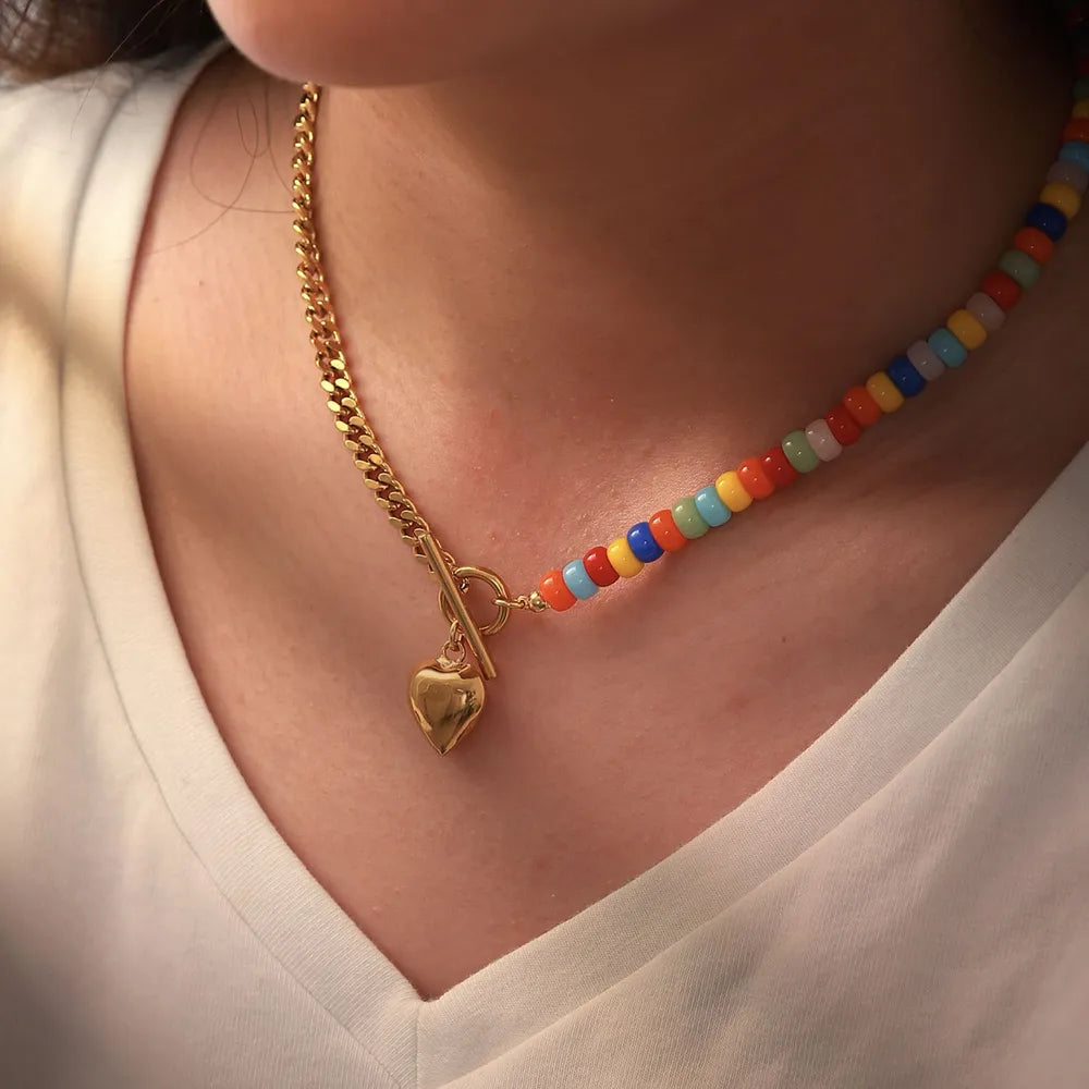Heart Pendant Half Chain Half Bead Necklace